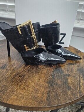 Schutz Black Croc-Embossed Pointed Toe Heels with Gold Buckle